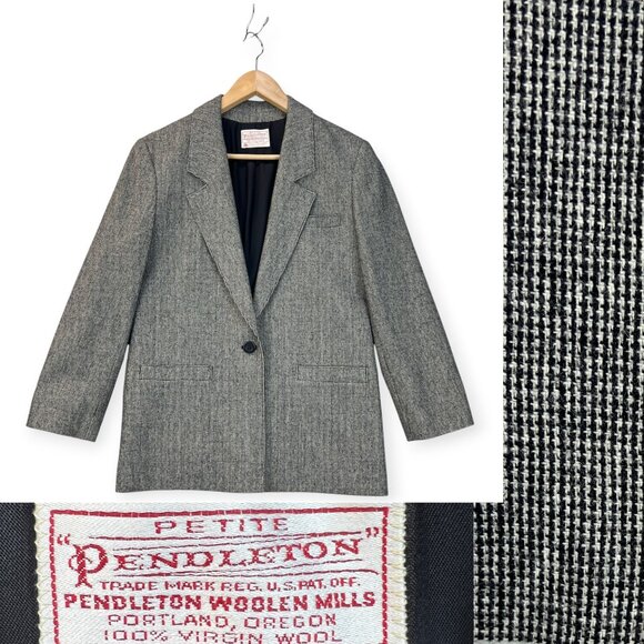 Vtg Pendleton Petite Womens Blazer Micro Plaid Woolen Mills 100% Virgin Wool 12 - Picture 2 of 13